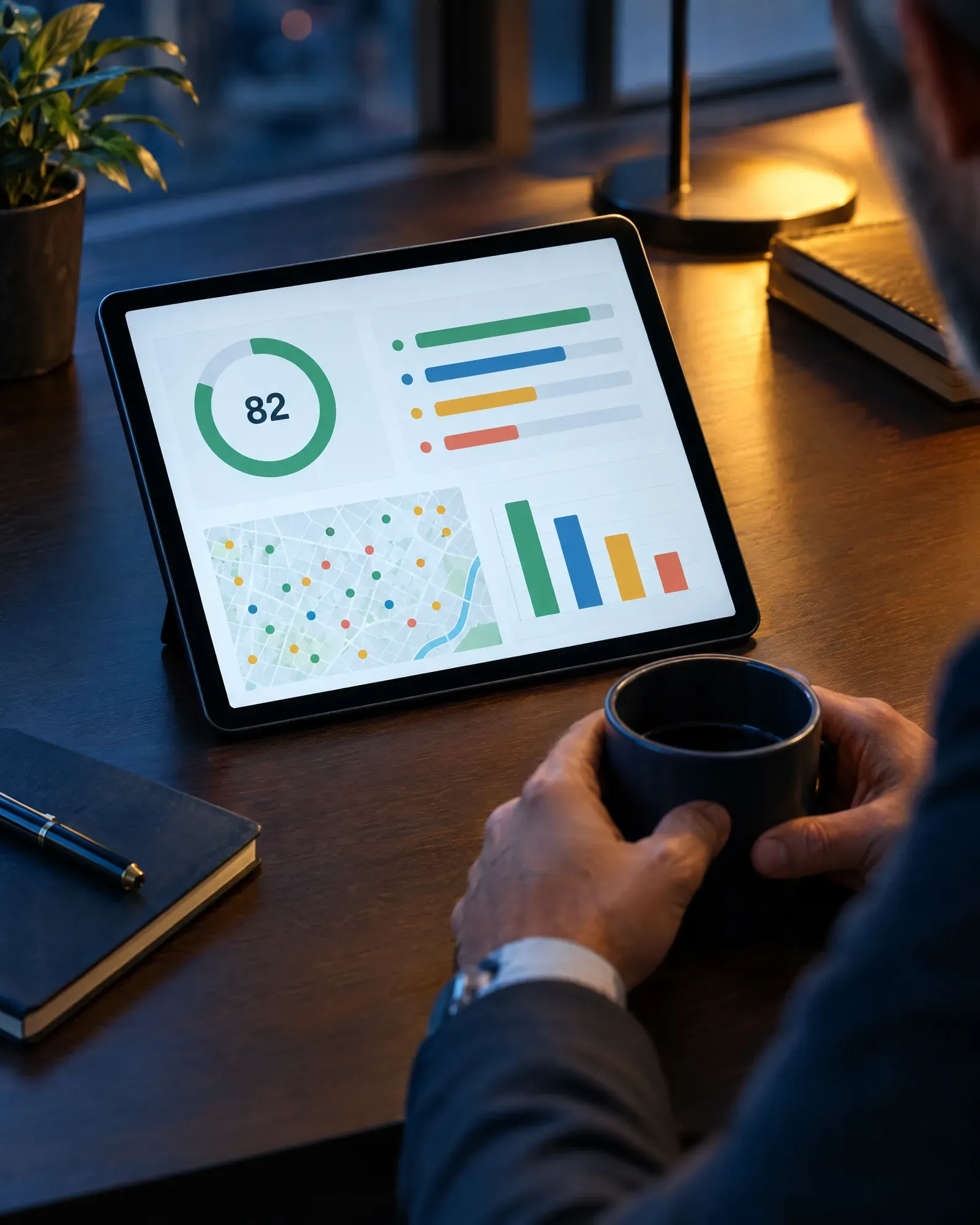 Free audit report with score, map grid and charts on a tablet