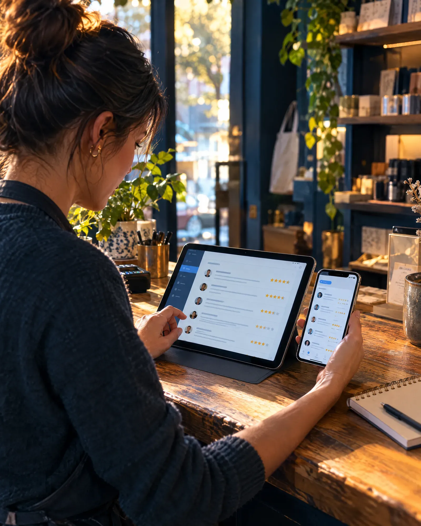 Shop owner using the review app on a tablet and phone