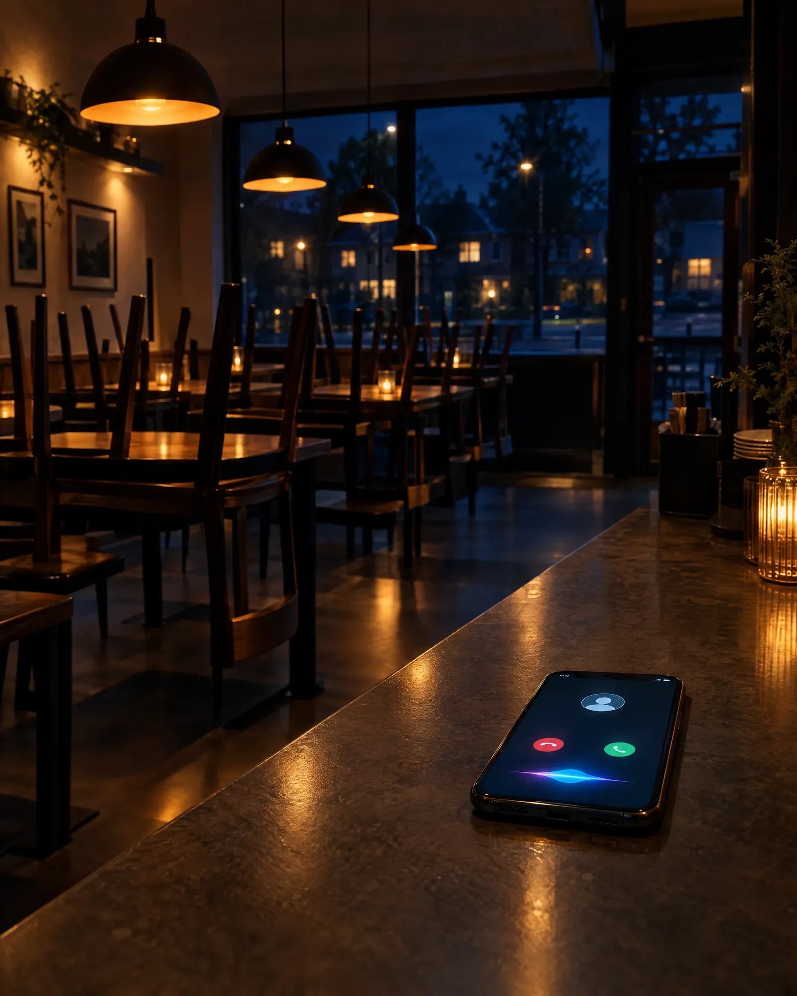 Closed restaurant at night with a call being answered on the phone