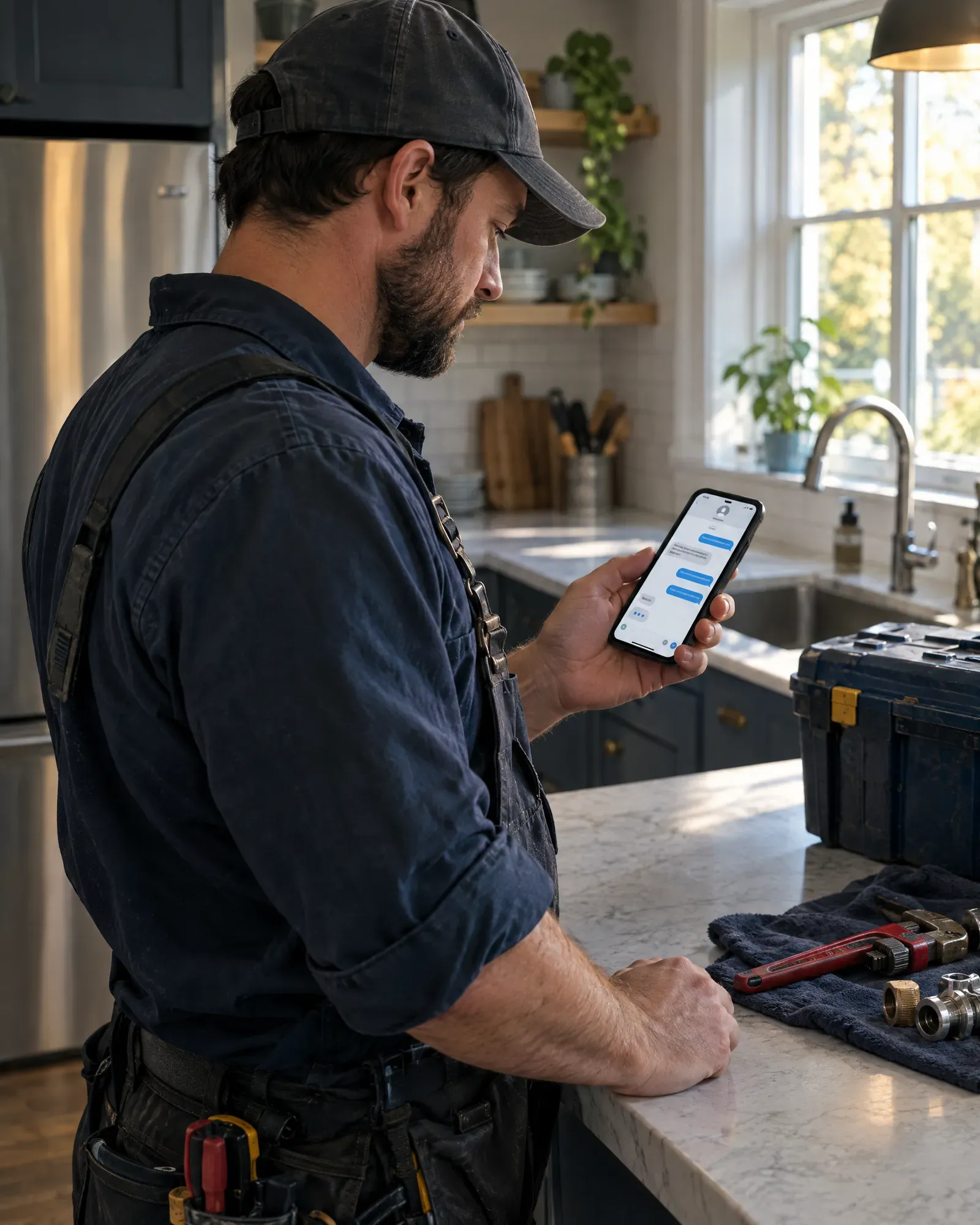 Plumber replying to a customer text between jobs