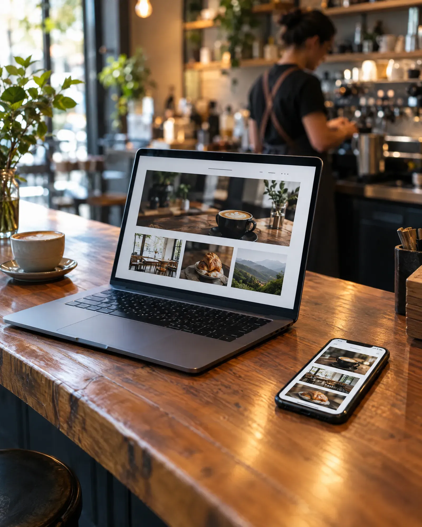 Cafe website open on a laptop and phone at the counter