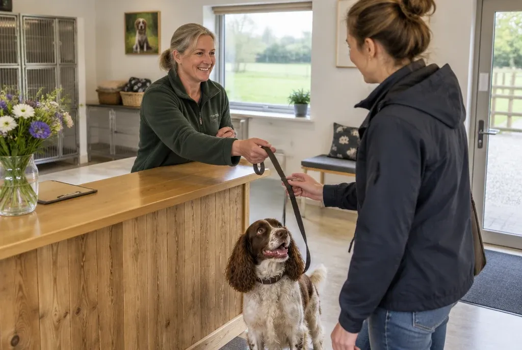 Kennel owner handing a happy spaniel back to its owner at reception