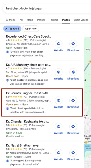 Google local results for best chest doctor in Jabalpur, with Dr. Rounak Singhai's clinic third
