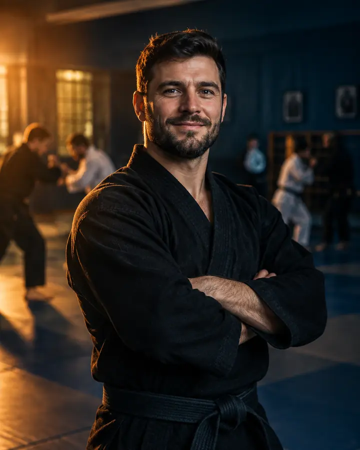 Martial arts coach standing in his dojo