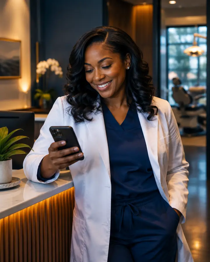 Dentist checking her phone at her practice reception