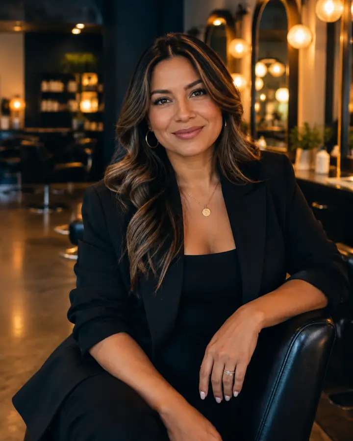 Salon owner seated in her salon