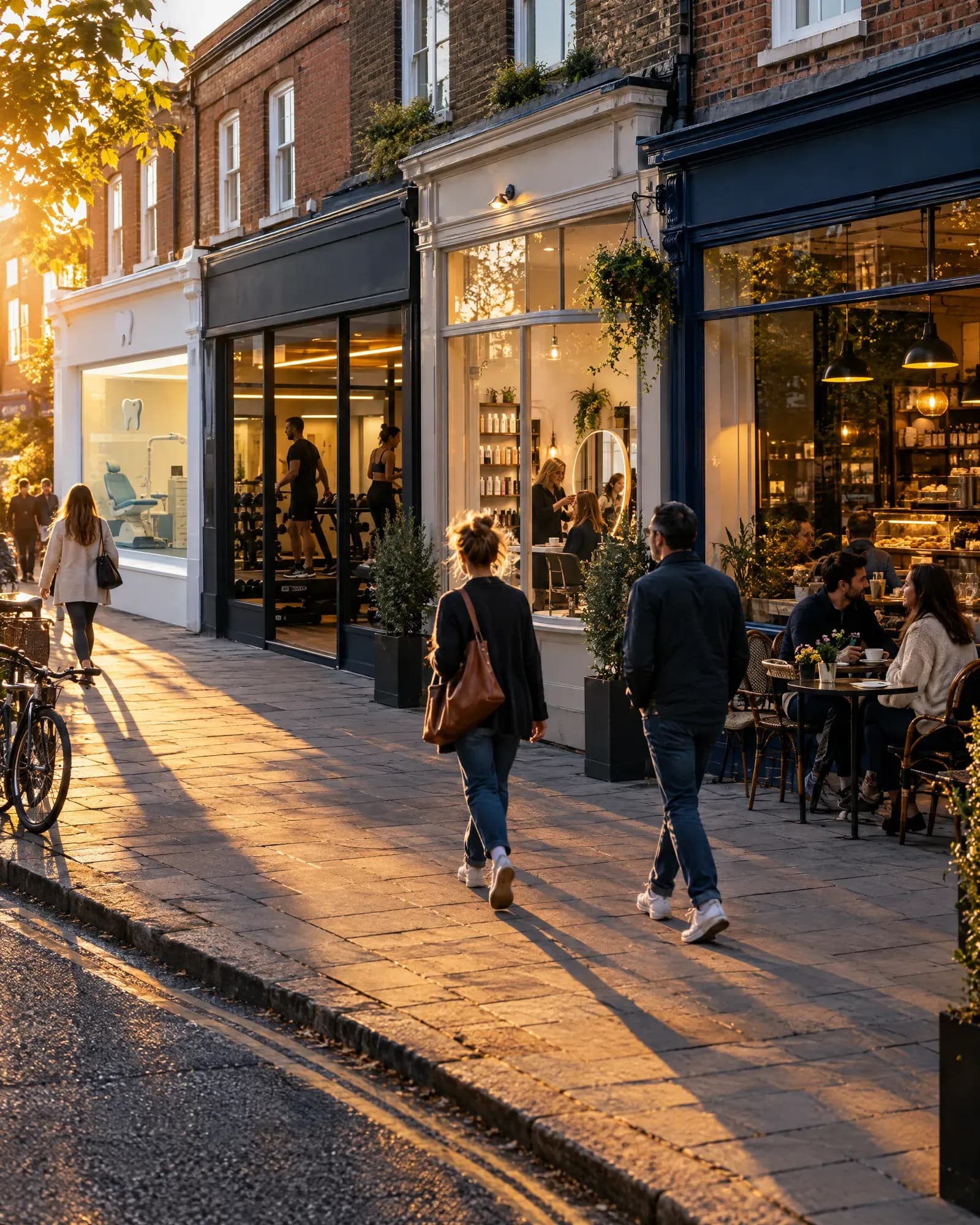 High street with a dental clinic, gym, salon and cafe