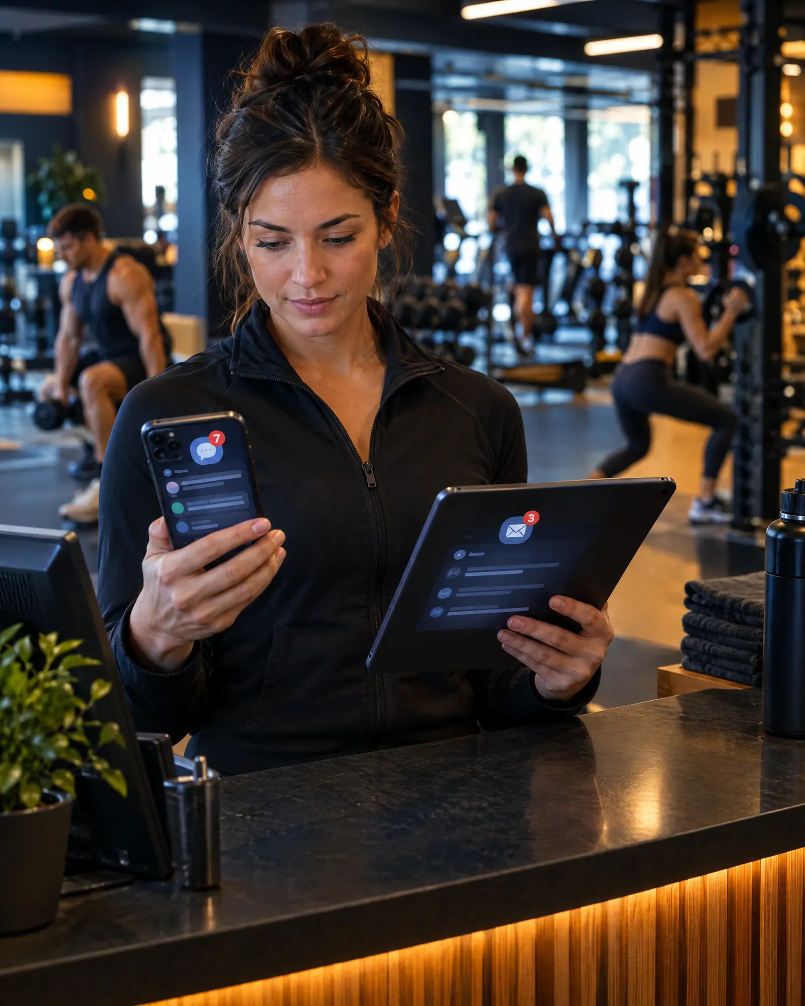 Gym owner keeping up with messages at the front desk