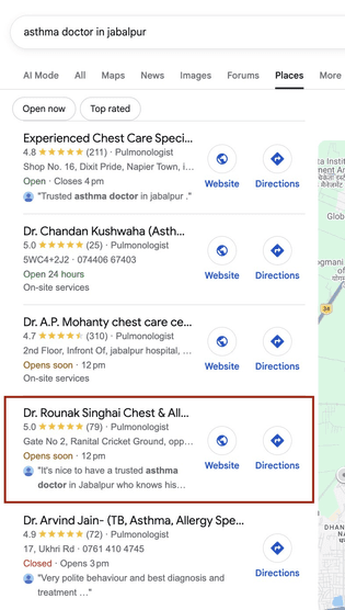 Google local results for asthma doctor in Jabalpur, with Dr. Rounak Singhai's clinic fourth