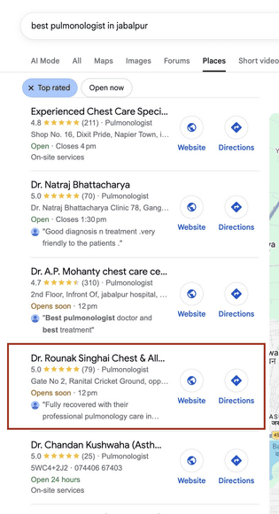Google local results for best pulmonologist in Jabalpur, with Dr. Rounak Singhai's clinic fourth