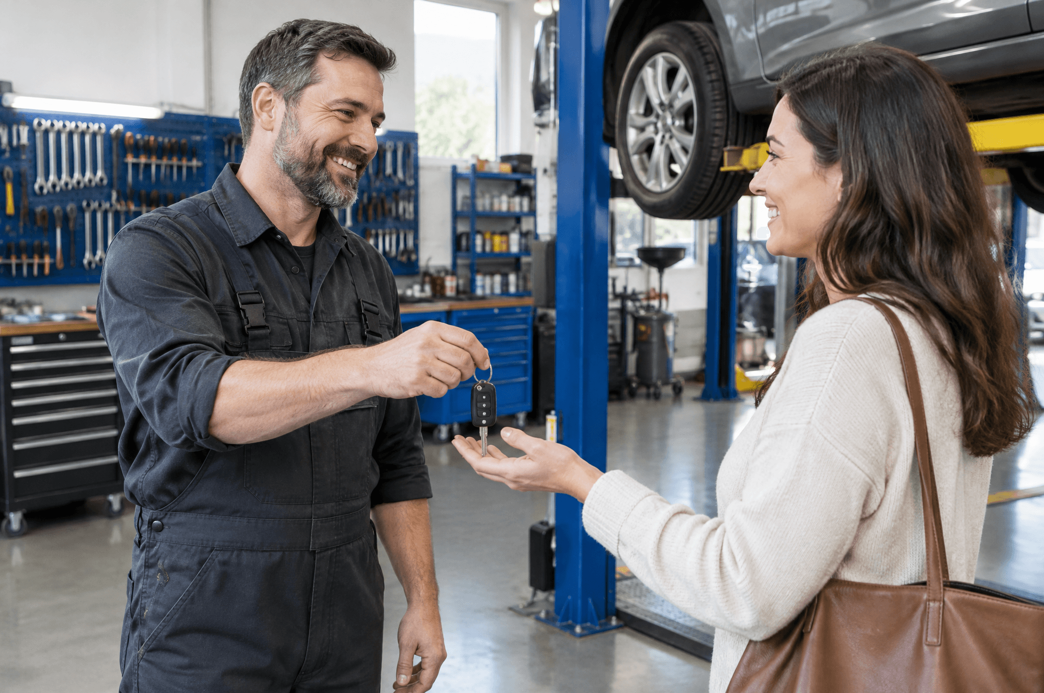 Garage owner handing car keys back to a customer