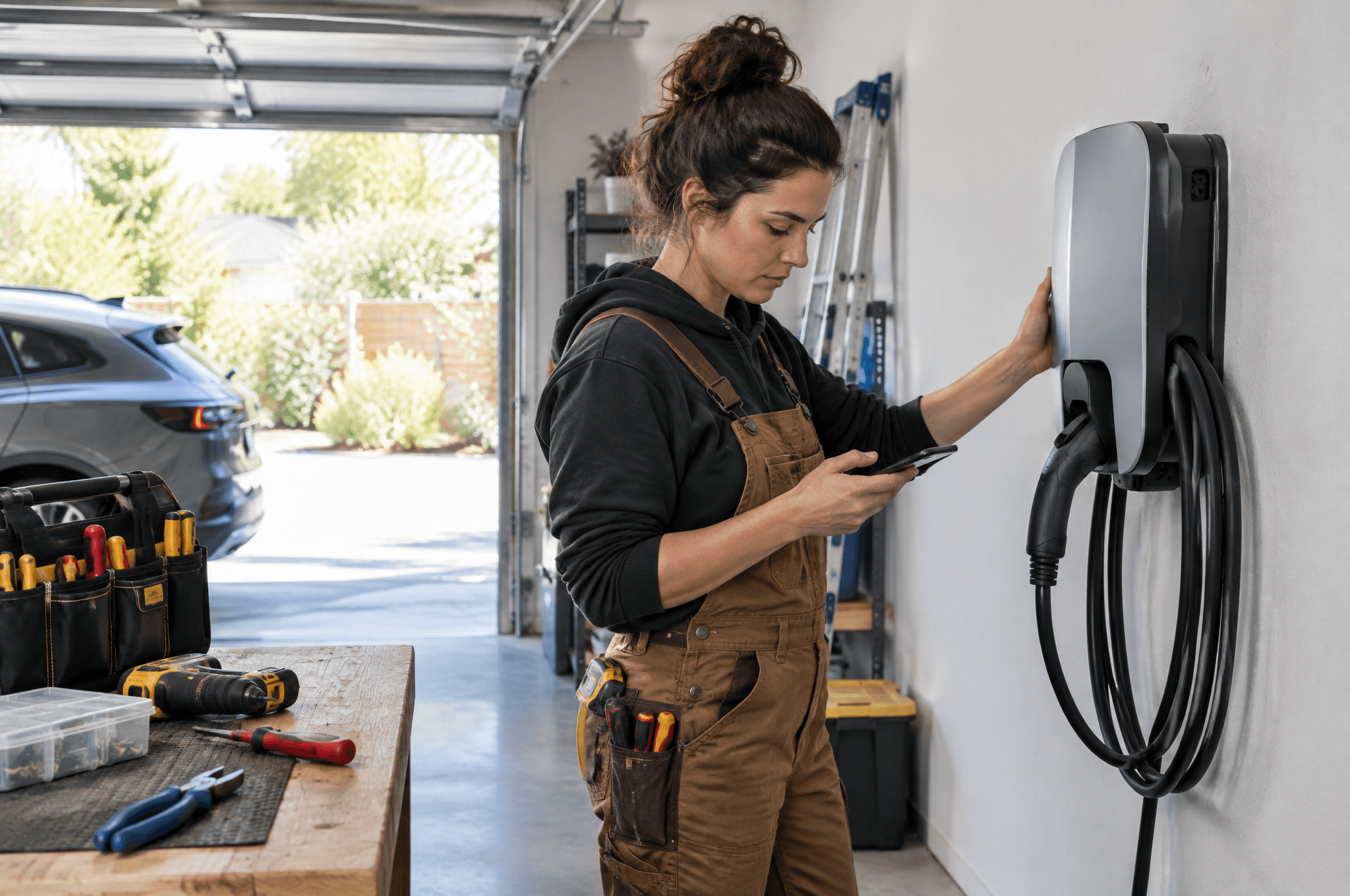 Electrician installing an EV charger in a home garage