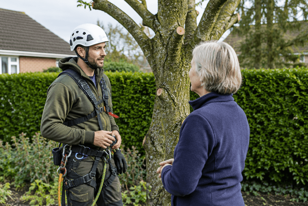 Tree surgeon talking with a homeowner beside a freshly pruned tree