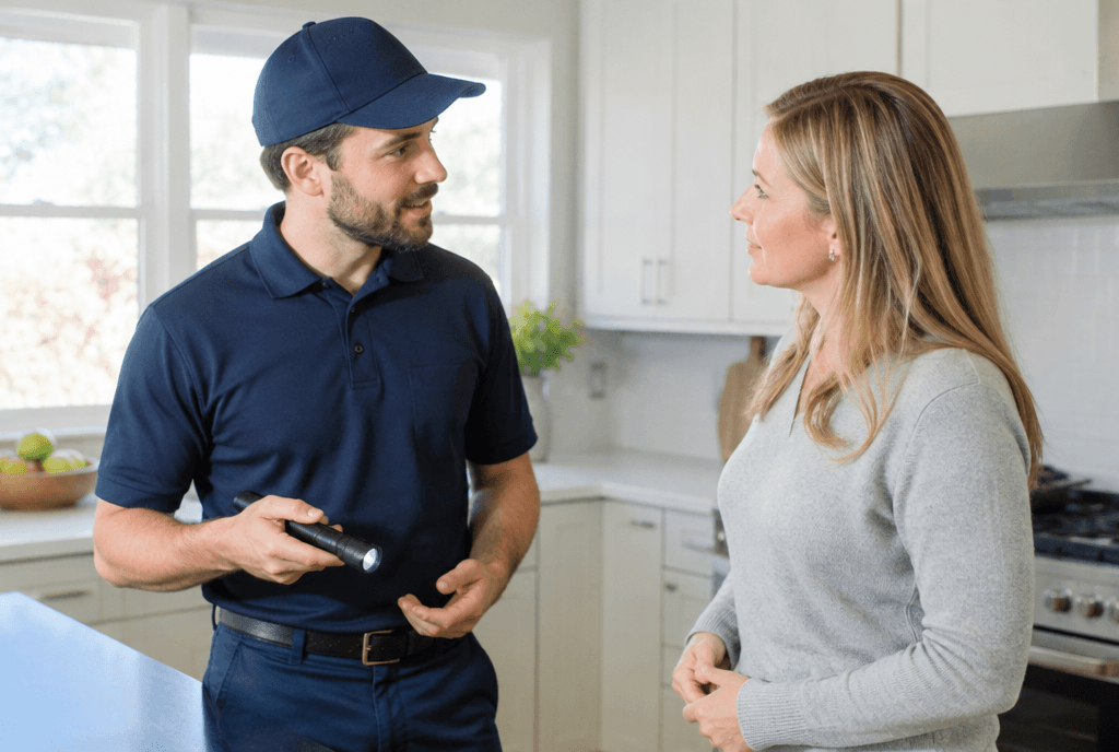 Pest control technician chatting with a homeowner in her kitchen