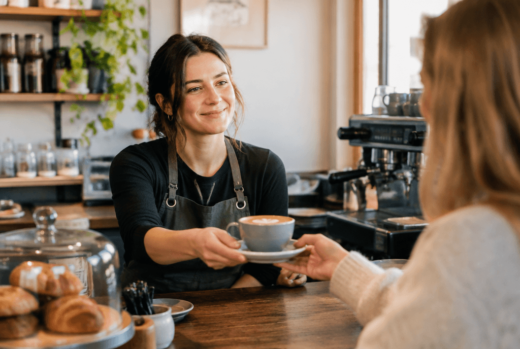 Barista handing a flat white to a customer in a cosy cafe
