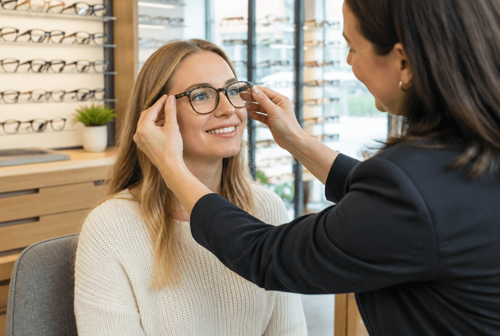 Optician helping a customer try on new glasses