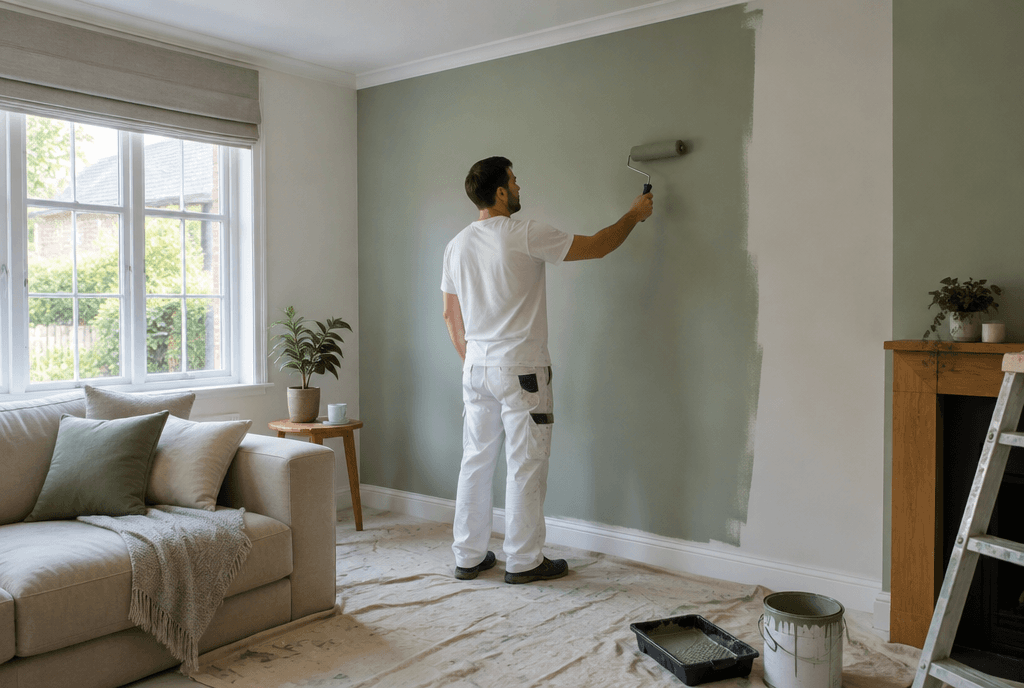 Decorator rolling sage green paint onto a living room wall