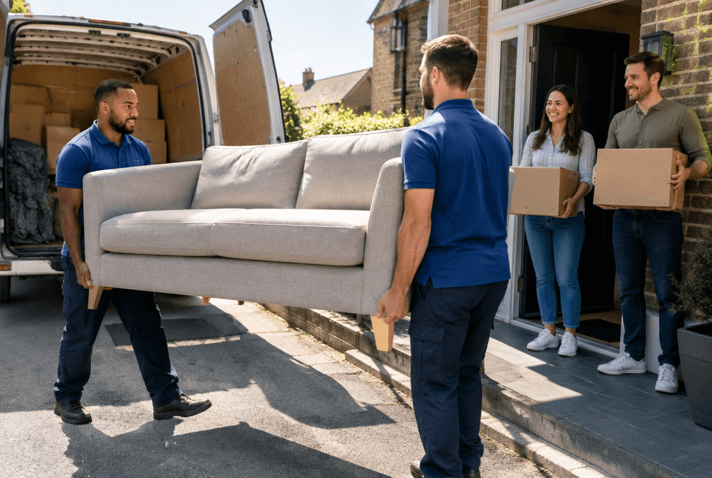 Removal team carrying a sofa into a couple's new home