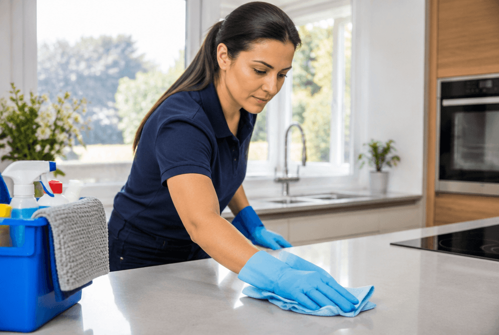 Cleaner wiping down a kitchen worktop in a bright home