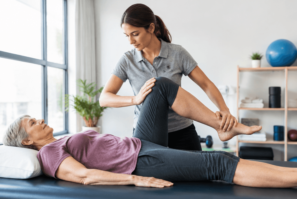 Physiotherapist guiding a patient through a knee exercise