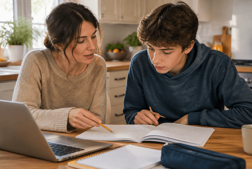 Tutor helping a student with maths homework at the kitchen table