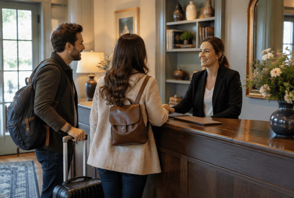 B&B host welcoming guests at reception