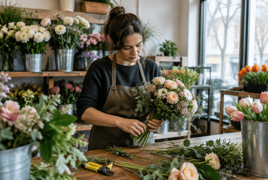 Florist arranging a bouquet at her shop counter