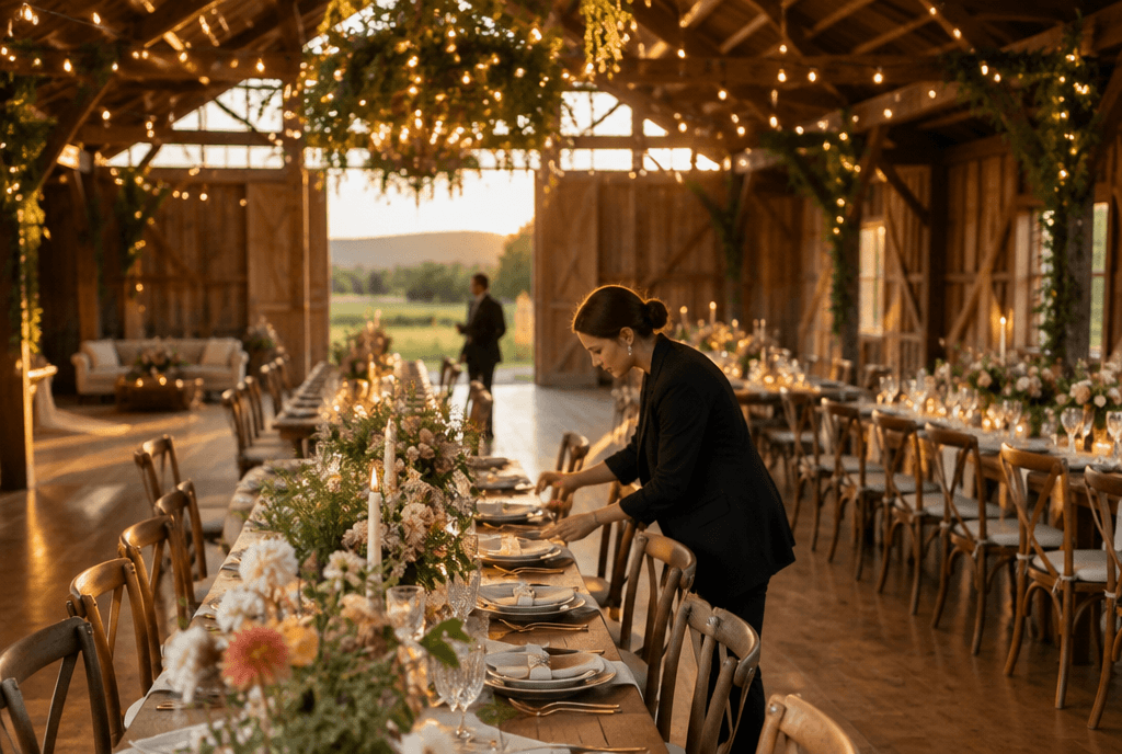 Barn wedding venue set for a reception with fairy lights and flowers