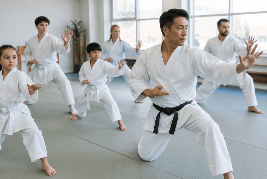 Martial arts instructor teaching a mixed class on the mats