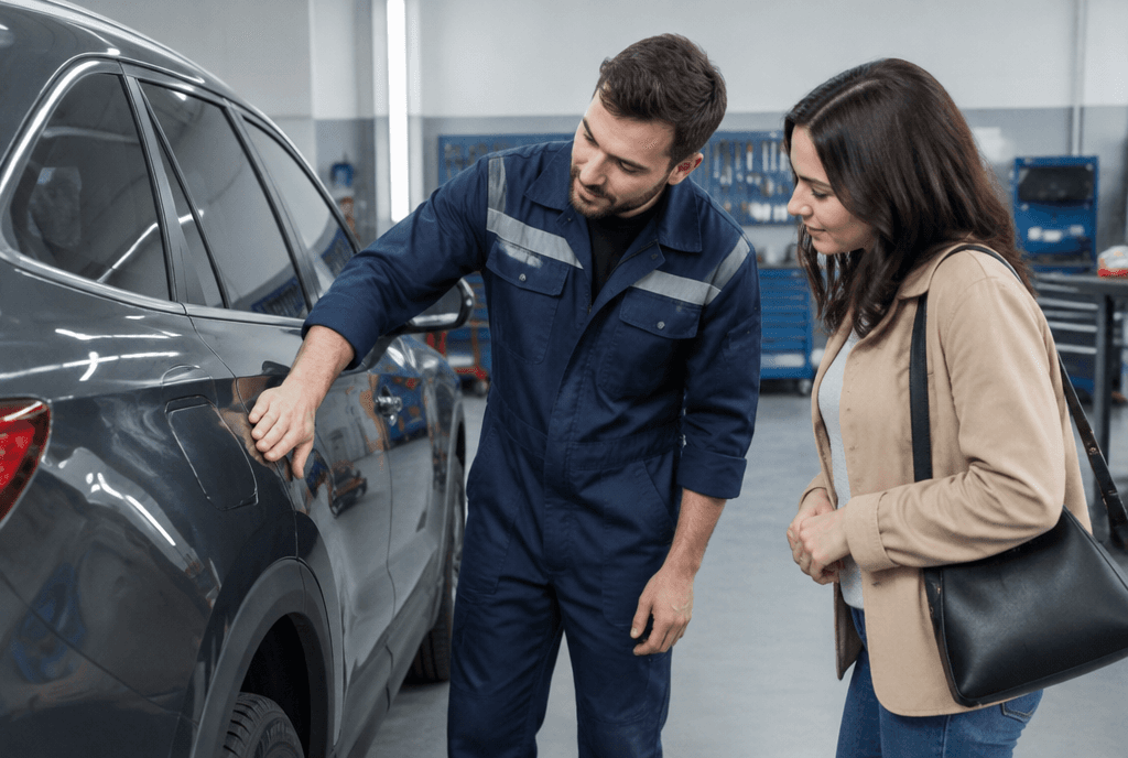 Body shop technician showing a customer her repaired car