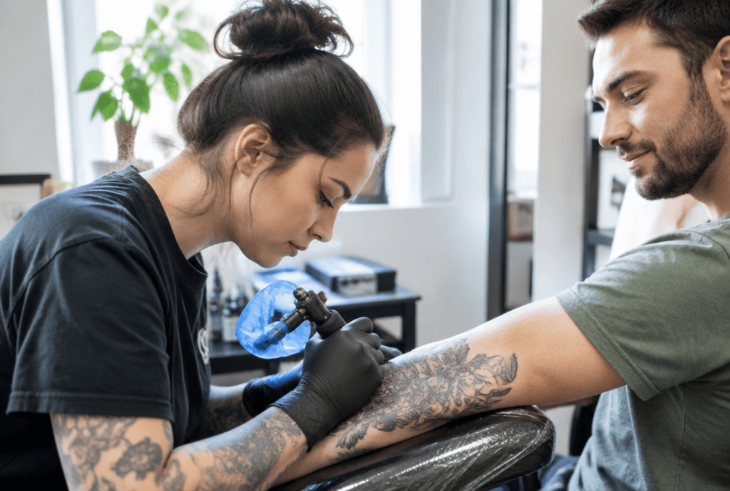 Tattoo artist working on a client's forearm in a clean studio