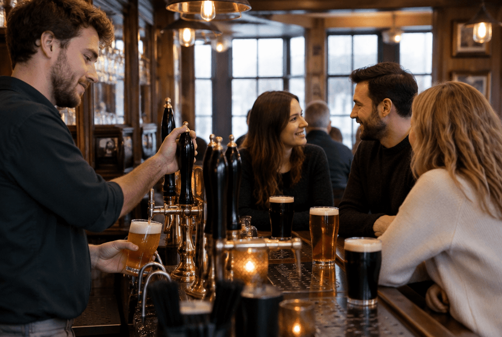 Bartender pulling a pint in a cosy pub