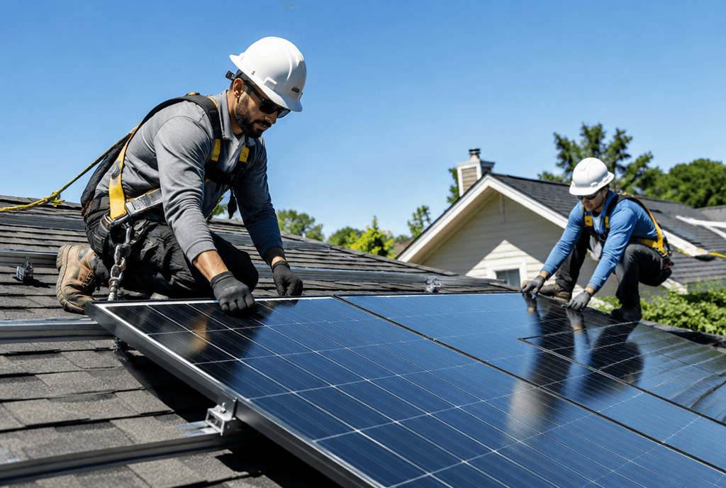 Solar installers fitting panels on a house roof