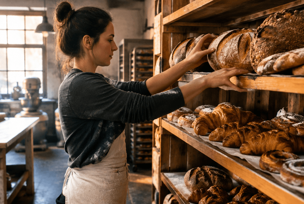 Baker stocking the shelves with fresh loaves in the morning