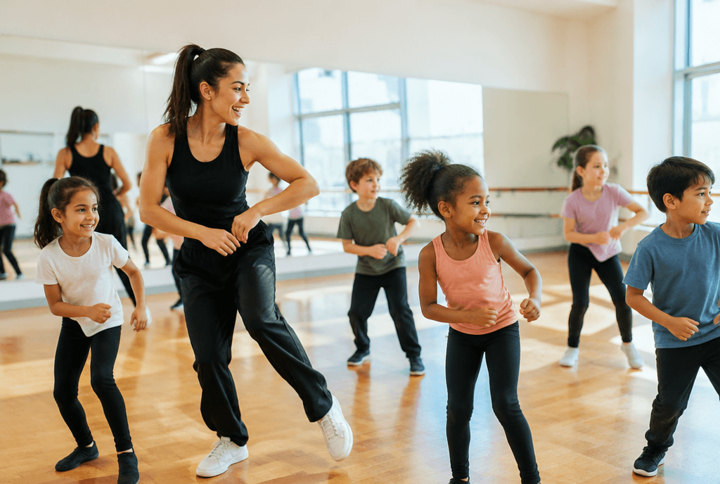 Dance teacher leading a children's class in the studio