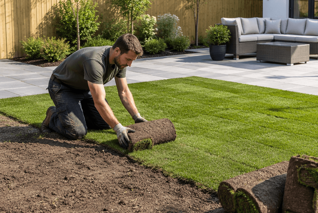 Landscaper laying fresh turf in a back garden