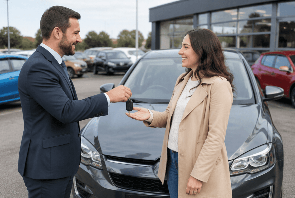 Car dealer handing keys to a happy customer on the forecourt