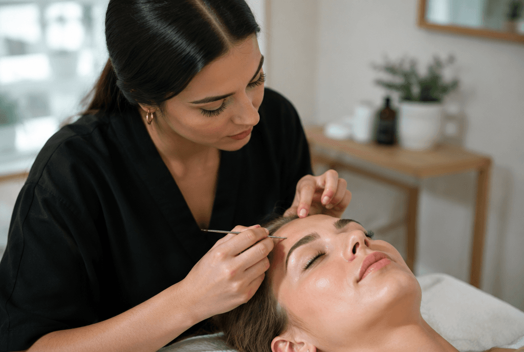 Brow technician shaping a client's eyebrows
