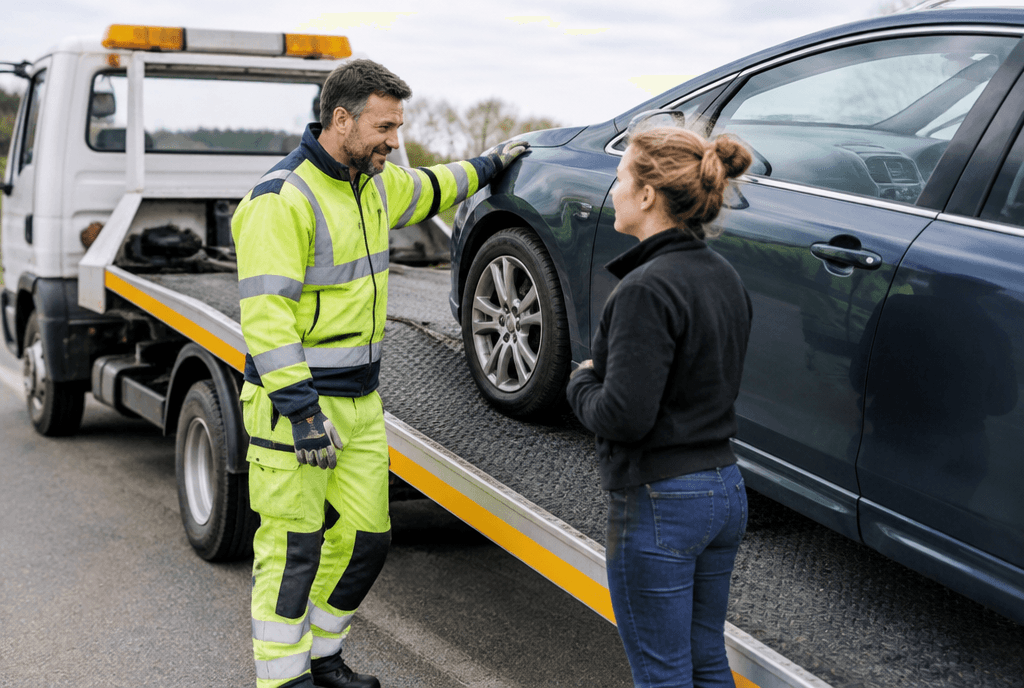 Recovery driver loading a broken-down car onto his truck