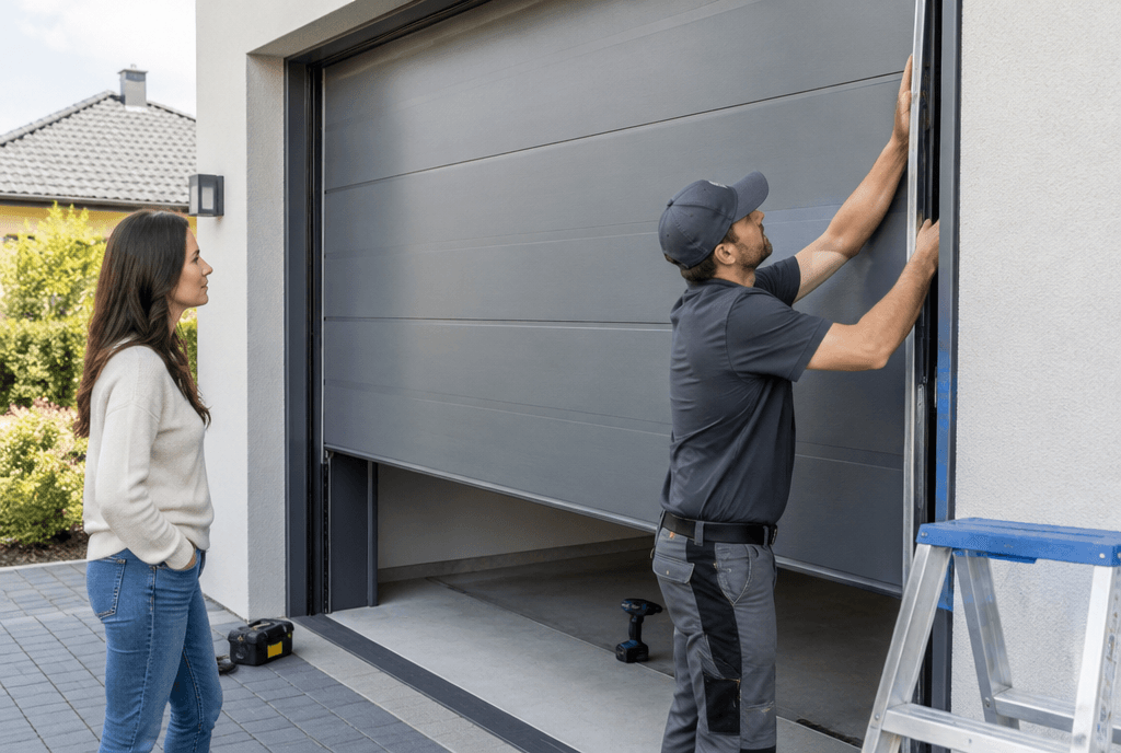 Technician installing a new garage door
