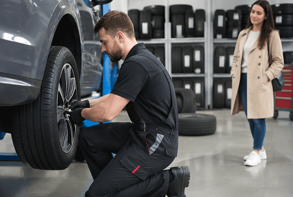 Tyre fitter fitting a new tyre in the workshop