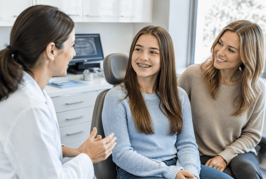 Orthodontist talking with a smiling teenage patient and her parent